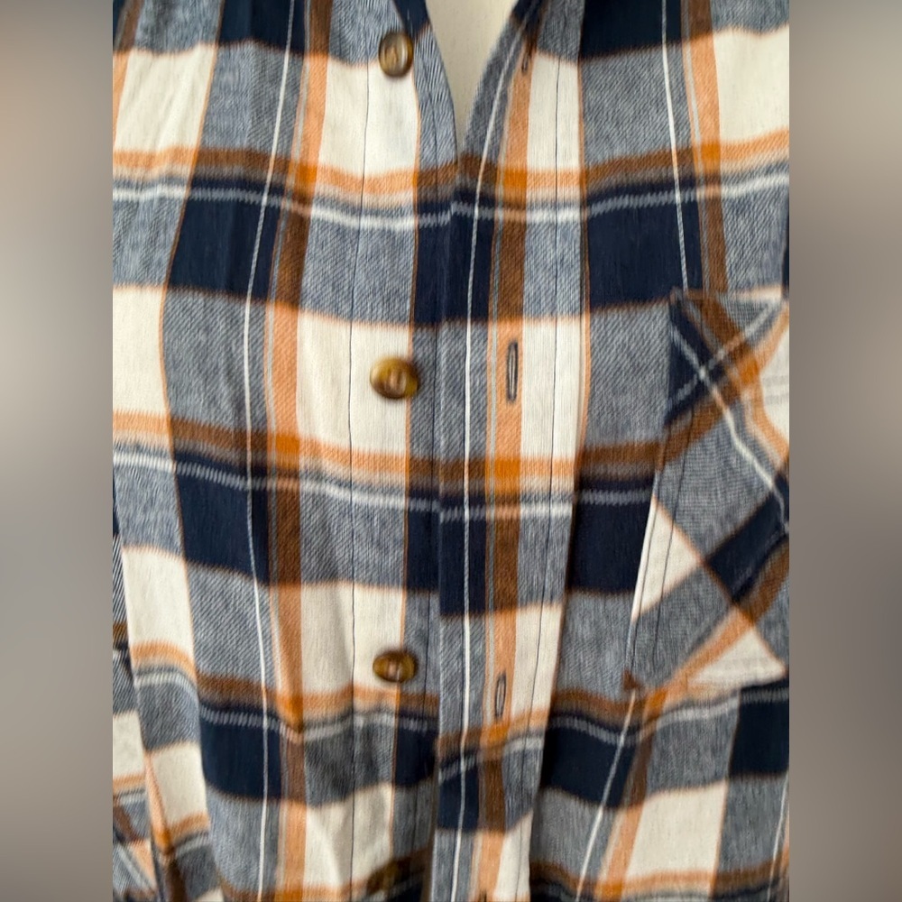 Northeast outfitters Navy and Tan Plaid Button-Down Shirt - Picture 2 of 8